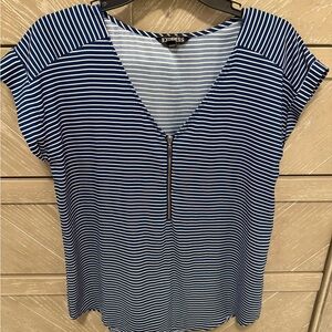Express Blue & White Striped V-Neck Zip Short Sleeve Tee